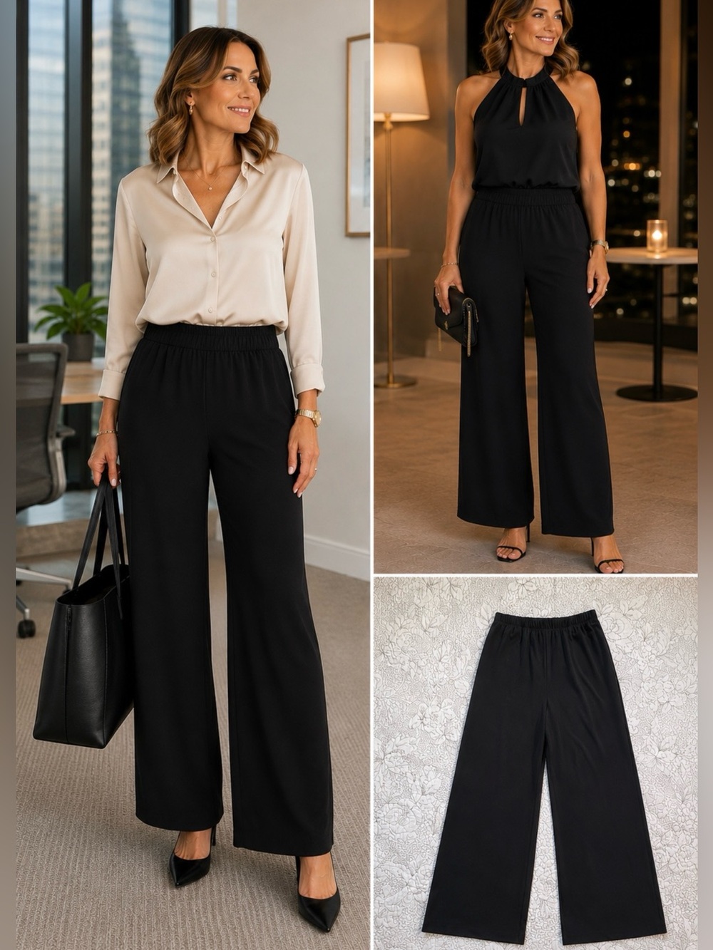 💥IC By Connie K Black Pull-On Wide Leg Knit Pants Made in USA Size M🧡